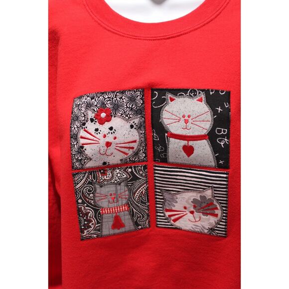Cat Sweatshirt Women's XL Red LS Pop-over Crewneck Patchwork Crazy Cat Lady Cozy - Picture 2 of 12